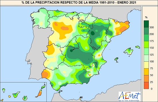 Porcentaje de la precipitación acumulada respecto al valor normal en enero de 2021